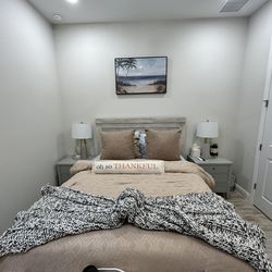 Queen bed with mattress and two night stands