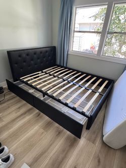 SELL BY 7/7!: Black Queen Bed Frame + Mattress | Tufted Headboard + Storage Drawers