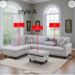 Grey White Flannel 3 Seater Sectional Sofa Set With Ottoman 