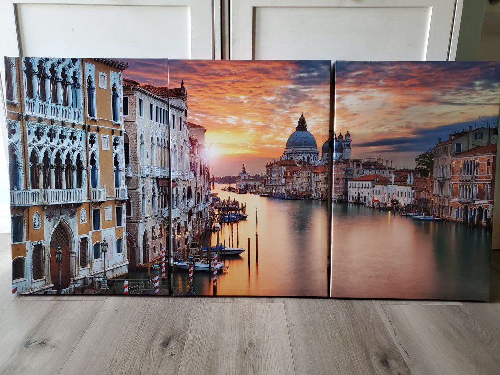 3 Piece Canvas Wall Art Decor- Venice Sunset. Modern Home Decor Stretched band Framed Ready to Hang - 16”x24”x 3 panels wall decor.