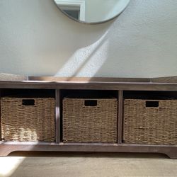 Distressed Brown 3-Drawer Wicker Storage Bench
