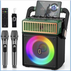 JYX Bluetooth PA Speaker System with 2 Wireless Mics, Retro 60W Karaoke Machine with LED Lights, Supports Recording, USB/TF/AUX/MIC Input for Home Par