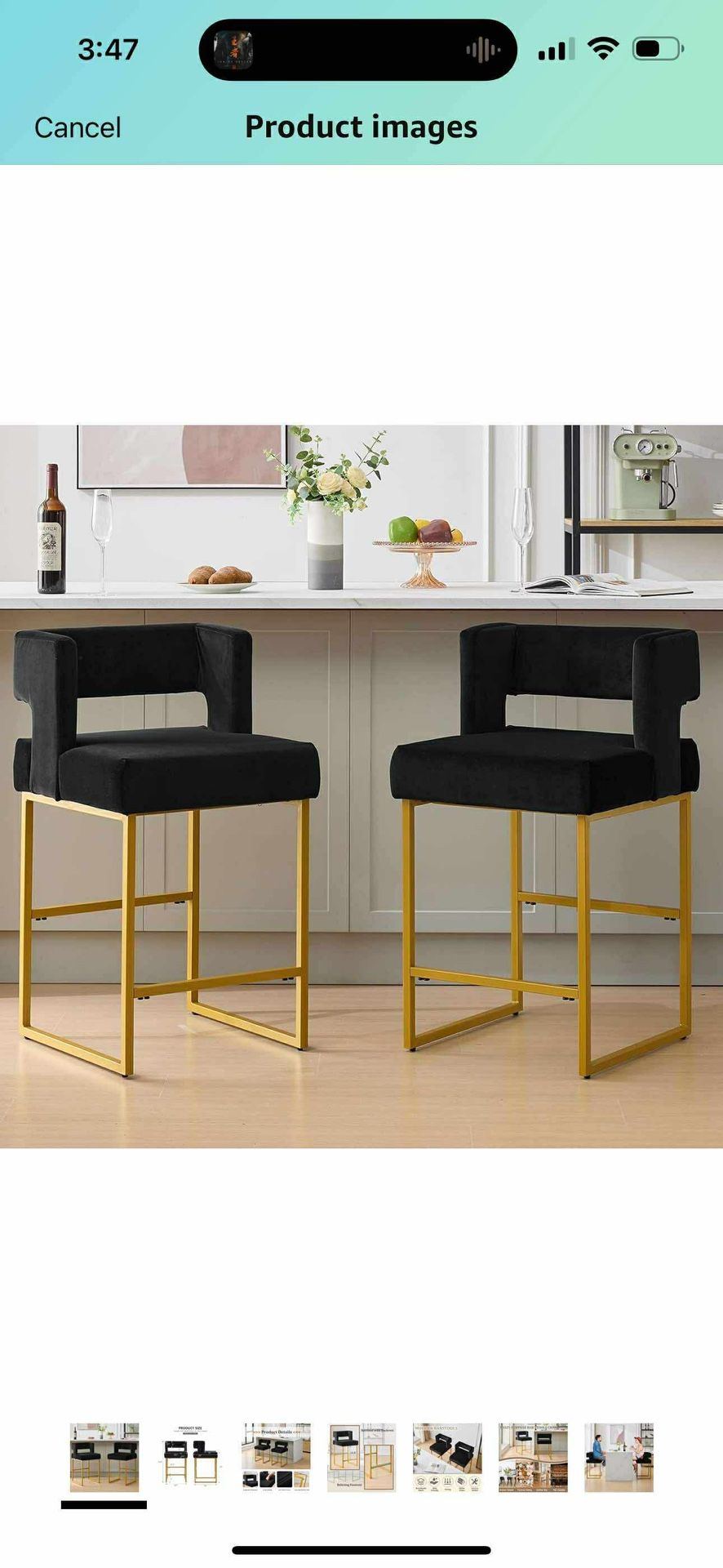 26" H Velvet Bar Stools Set of 2, Counter Height Bar Seats with Square Back, Modern Upholstered Armless Barstools with Metal Gold Legs for Kitchen Isl