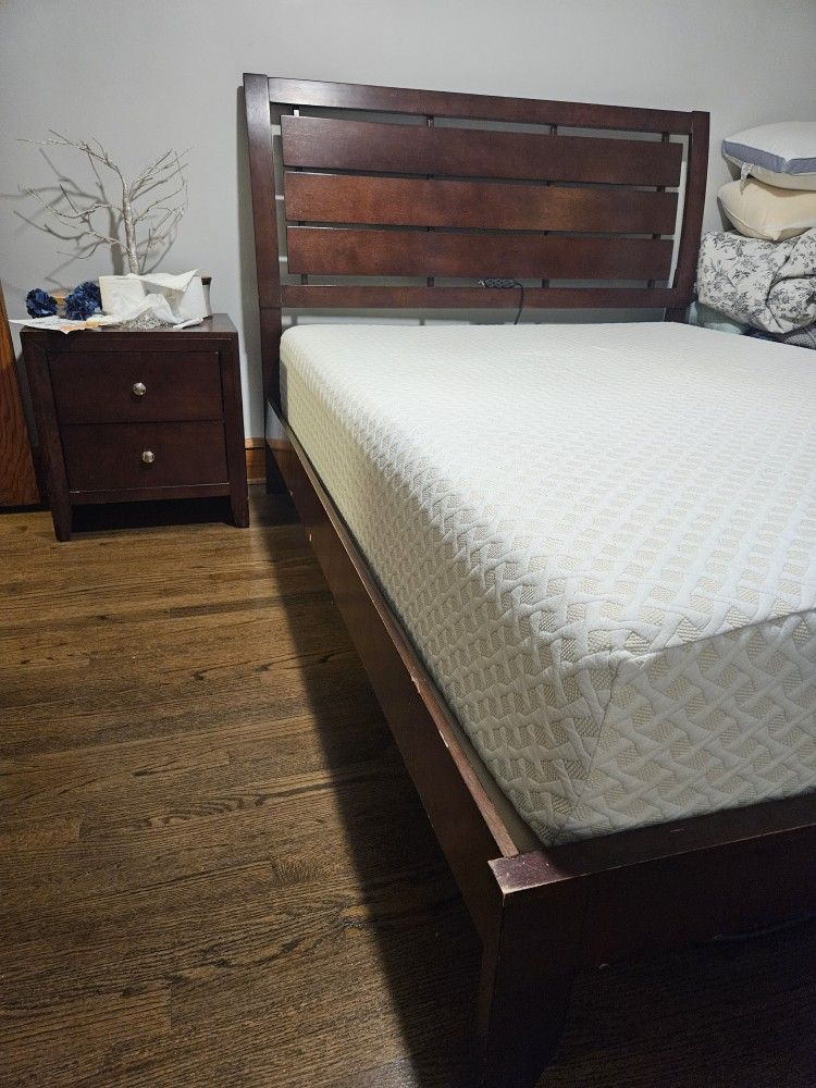 Queen Bed Frame, Night Stand and Dresser + Mattress 
