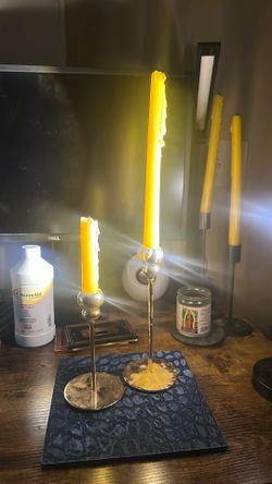2 gold Candle Holders With Beeswax Candles