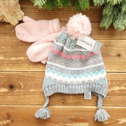 SIZE 2T-4T KNITTED PRINT BEANIE W/MITTS **BRAND NEW**
