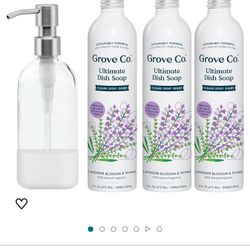 Grove Co. Ultimate Dish Soap Refills (3 x 16 Fl Oz) + Refillable Glass Dish Soap Dispenser for Kitchen Sink with Non-Slip Silicone Sleeve, Plastic Fre