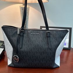 Authentic Michael Kors Black-And-White Signature Tote Bag With Silver Hardware