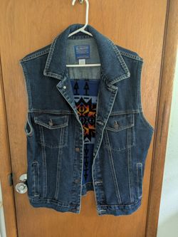 Pendleton Tribal Native Navajo Aztec Denim Vest Wool Blanket Back