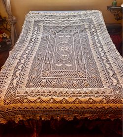 Handmade vintage crocheted, bedspread, ivory