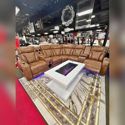 Light Brown Leather Power recliner sectional Sofa