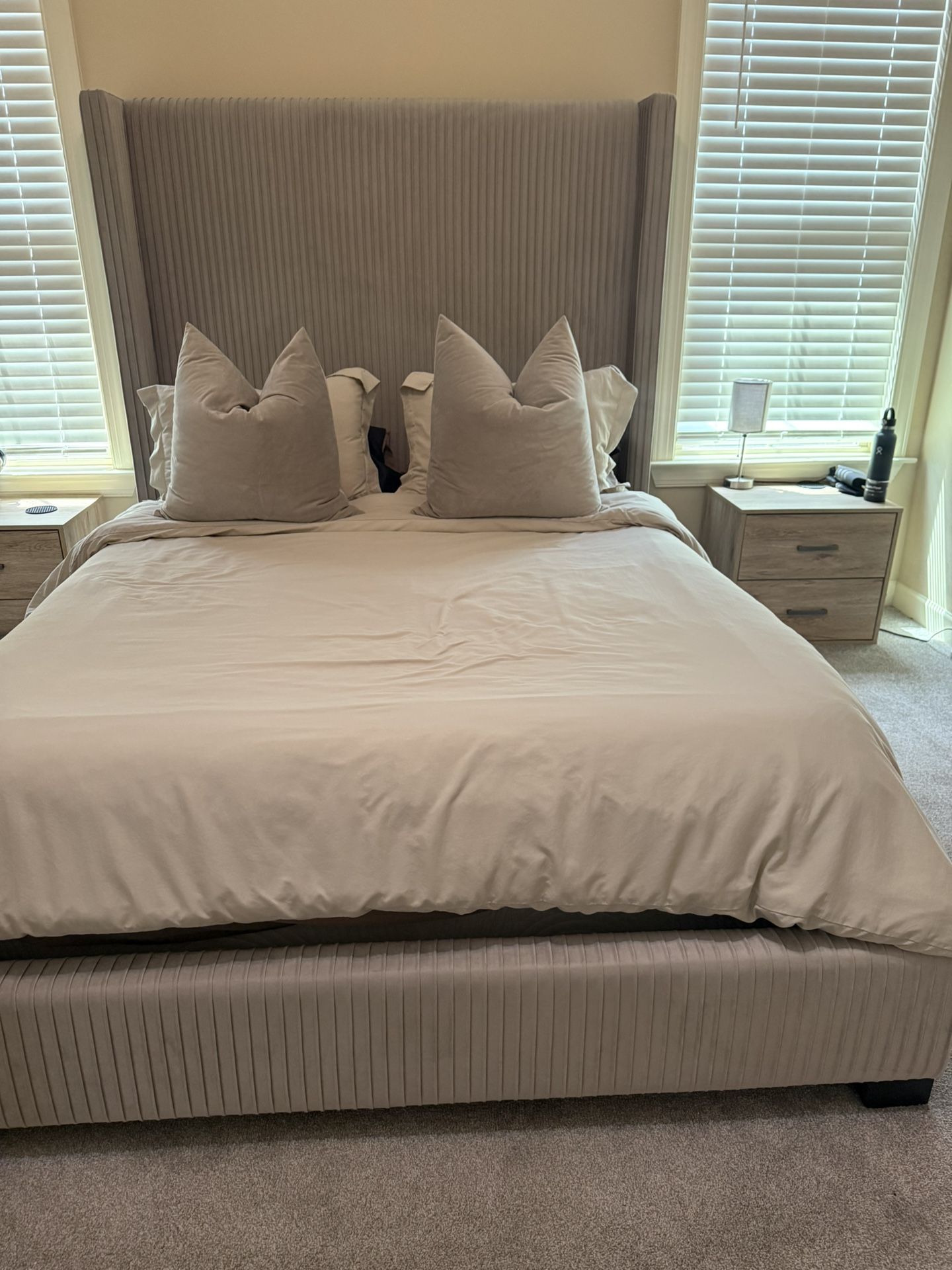 Queen Upholstered Wingback Bed + Box spring