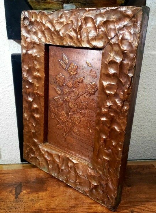 Beautiful Vintage Embossed Cooper Signed Floral Wall Art Hammered Tooled Cooper Frame! Heavy, Quality Piece! (16×12×1)
