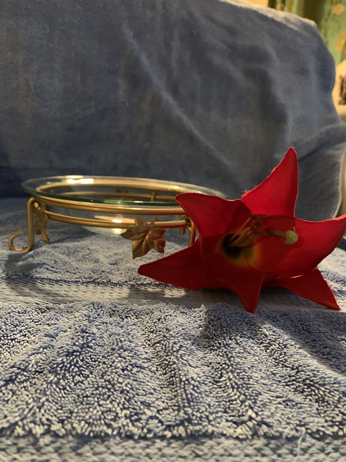 Flared Edged Glass Bowl With Gold Metal Stand