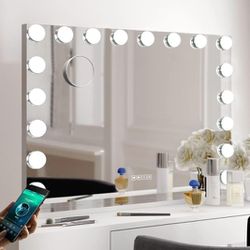 Large Vanity Mirror with Lights and Speaker Hollywood Lighted Makeup Mirror with Sturdy Base, 18 Dimmable LED Bulbs, 3 Light Colors, USB Charge Port