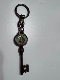 Religious Skeleton Key 2 Sided Resin Medallion Keychain Devine Mercy Jesus & Our Lady of Aparecida