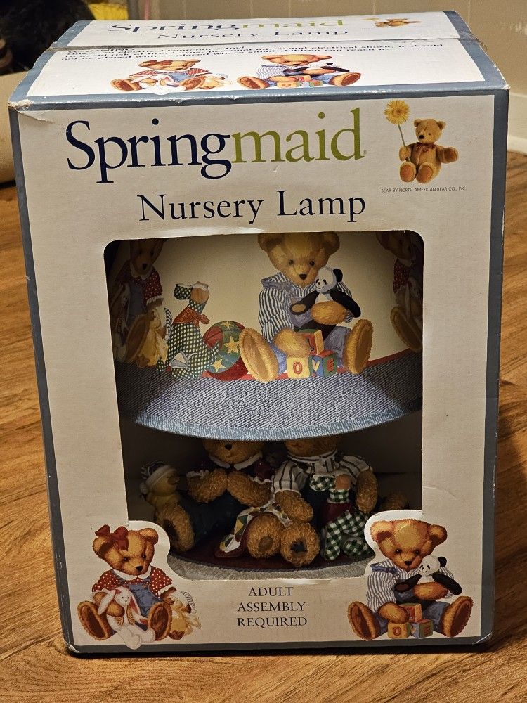 New in Box Rare Vintage Springmaid Nursery Lamp w/2 Bears and stuffed animals.