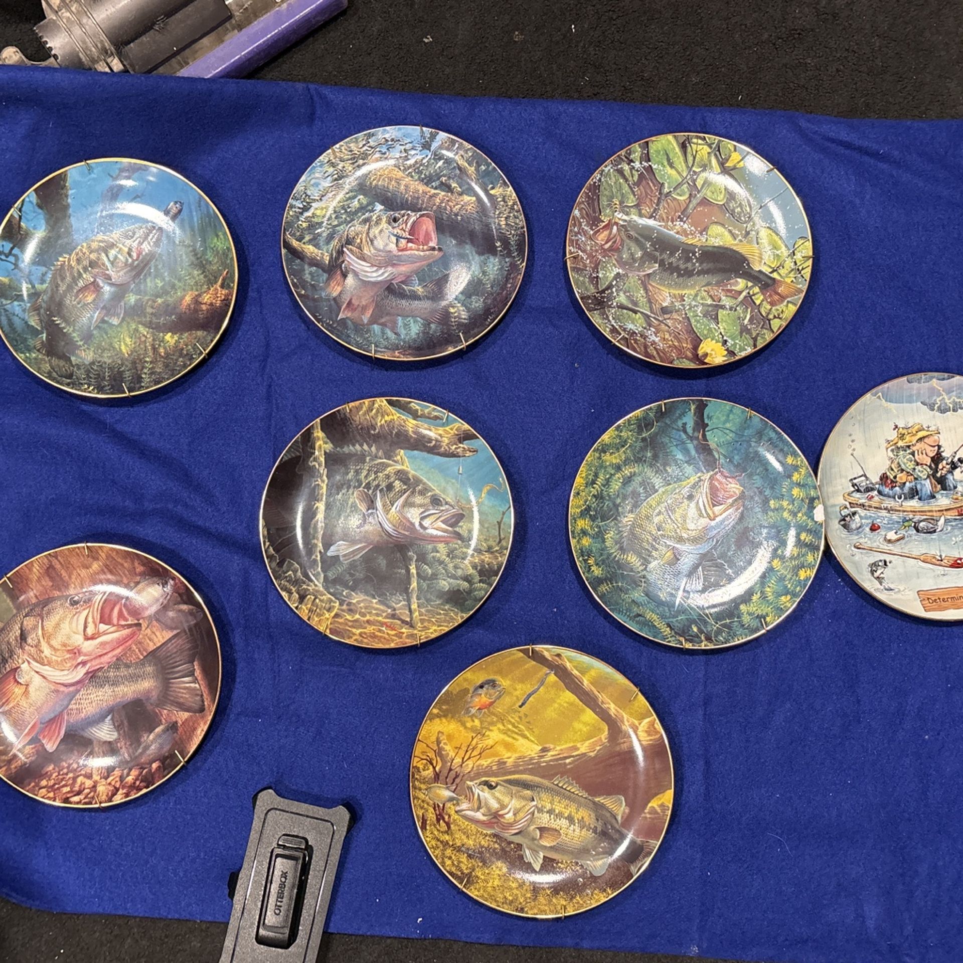 24 karat gold trim, fish plates collectibles eight plates in total one has a chip