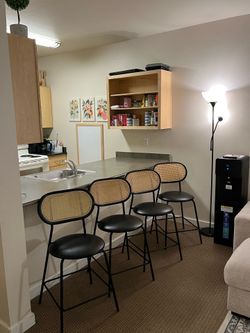 Modern Counter Height Bar Stools – Set of 4 | Black & Natural Rattan | Like New
