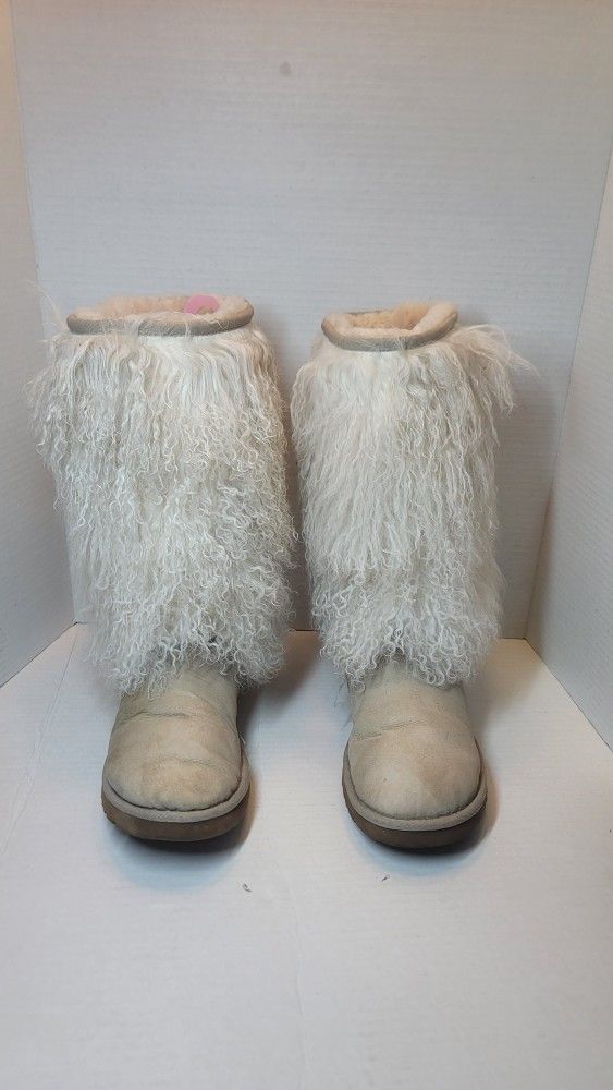 Ugg Australia Sheepskin Mongolian Tall Cuff Boots Sz 8 Sand /Tan