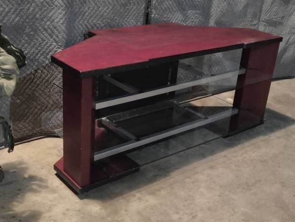 Red Hardwood TV Stand With Glass Shelves