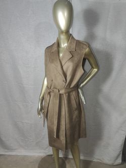 New $189 Zara Double Breasted Brown Long Faux Suede Belted Sleeveless Vest