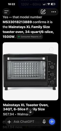 Mainstays XL Family Size Toaster Oven 34QT 6-Slice