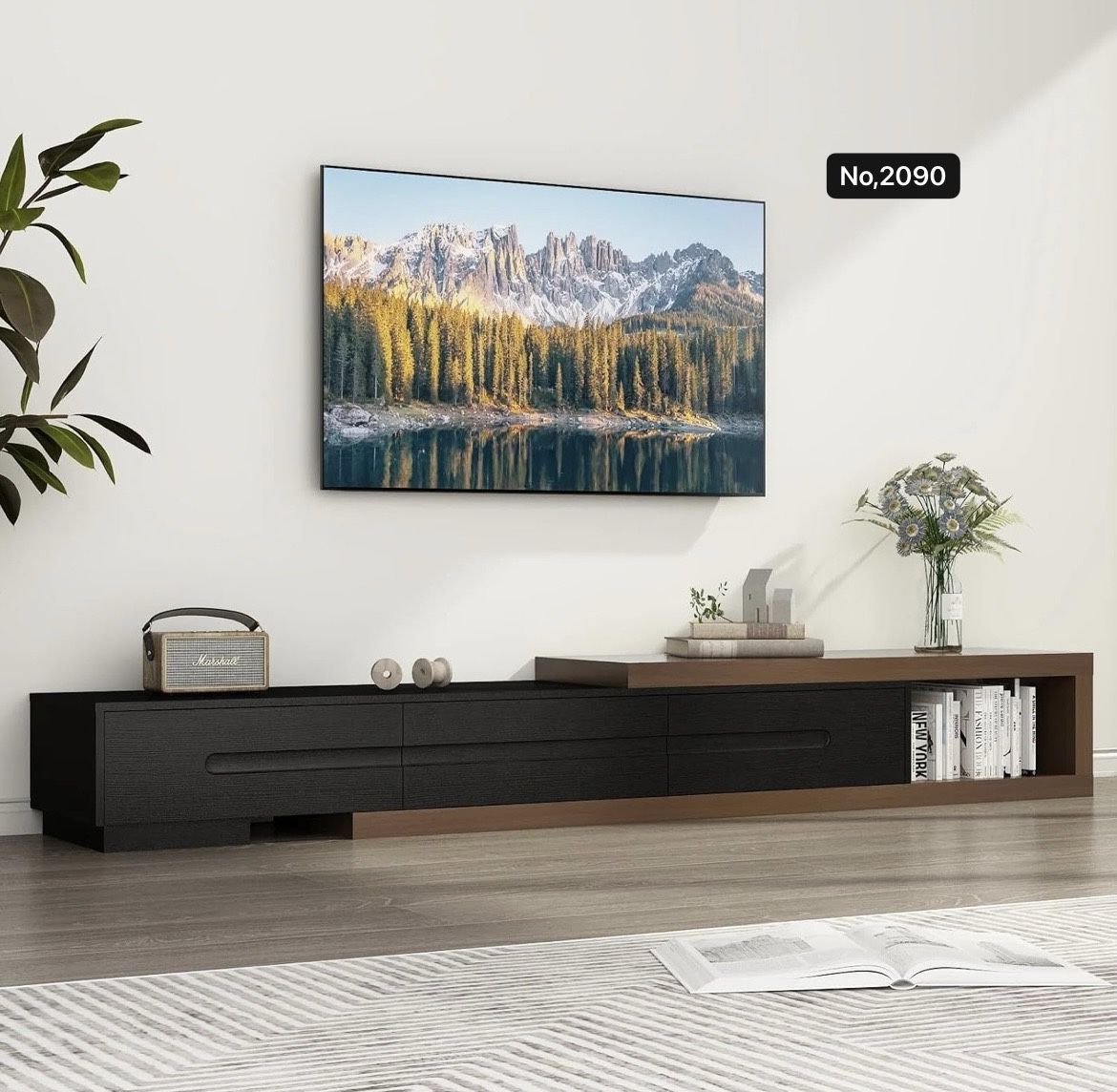 82-110'' Extendable TV Stand for Up to 120" TV, Wood Reversible TV Media Console w/3 Drawers & Open Storage Shelf for Living Room (Black)