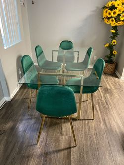 Large Gold Glass Dining Table and 6 Green Velvet Chairs