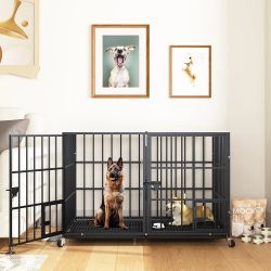 EZ4ENCE 42 Inch Metal Dog Crate for Large Dogs,Heavy Duty Dog Cage Kennel Indoor with Divider Panel, Lockable Wheels, Indestructible Cages fo