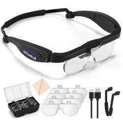 Magnifying Glass with Light, 0.75X-4.0X Magnifier Headset Rechargeable 3 LED Lights,Detachable 5 Lenses, Hands Free Head Magnify Glasses for Close Wor