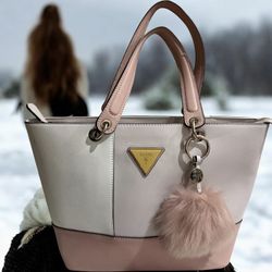 GUESS White Pink Faux Leather Tote Shoulder Bag Zip Top Charm Purse Handbag
