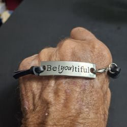 Stainless Steel And Black Suede Leather Adjustable Bracelet, Etched Saying "Be (You) Tiful" Lobster Clasp 