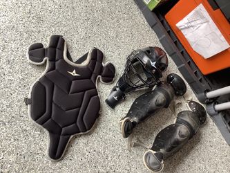 All Star catchers gear including shin guards size 13.5” ages 9-12, chest protector 14” and catchers mask 6 1/4” to 7” hockey goalie style Plainfield