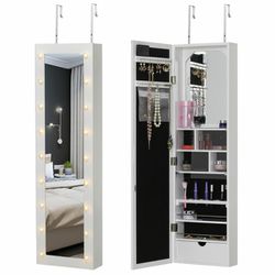 Mirrored Jewelry Cabinet Armoire Storage Organizer w/ 18 LED Lights White