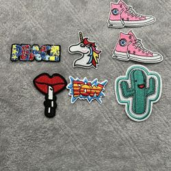 7 iron on patches:pink sneakers,cactus,unicorn,pow,red lips with lipstick,peace