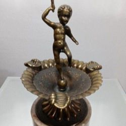 VINTAGE BRONZE - BRASS & MARBLE BASE FOUNTAIN/ CHERUB ASHTRAY 7"×4" 