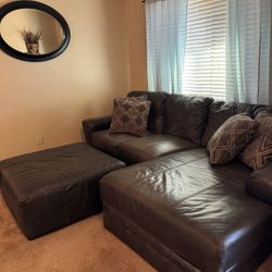 Leather Sectional With  Chaise And Ottoman