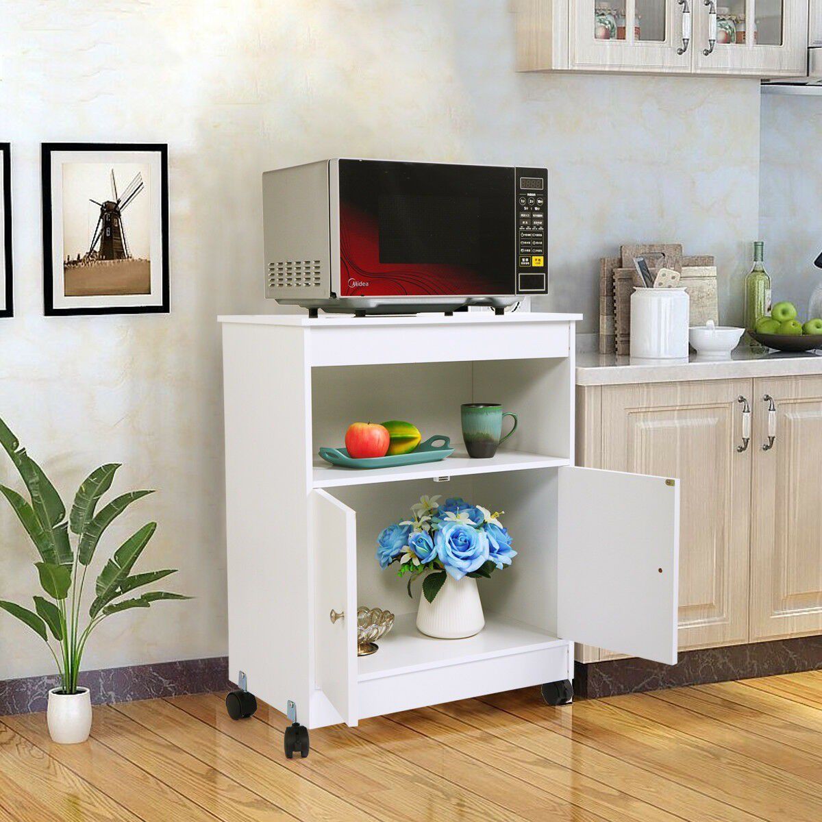 Lowestbest Kitchen Cabinet for Home, Wooden Rolling Kitchen Cart, White Kitchen Carts and Islands, Modern Large Open Shelf Cabinet Microwave