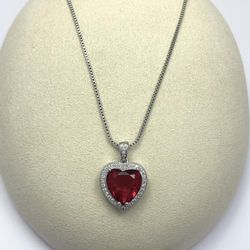925 Silver Plated Artificial Ruby Love Heart Pendant Necklace for Women