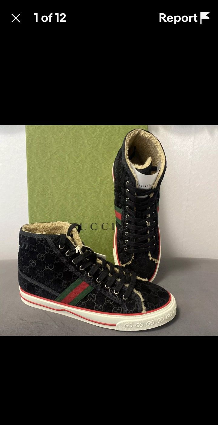 Gucci 1977 Shearling  Lined GG High Top  Black Sneakers 