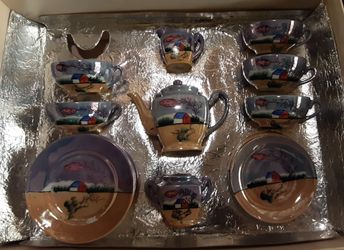 Vintage Japanese Lusterware Child's Tea Set – Original Box – Hand Painted Barn Scene