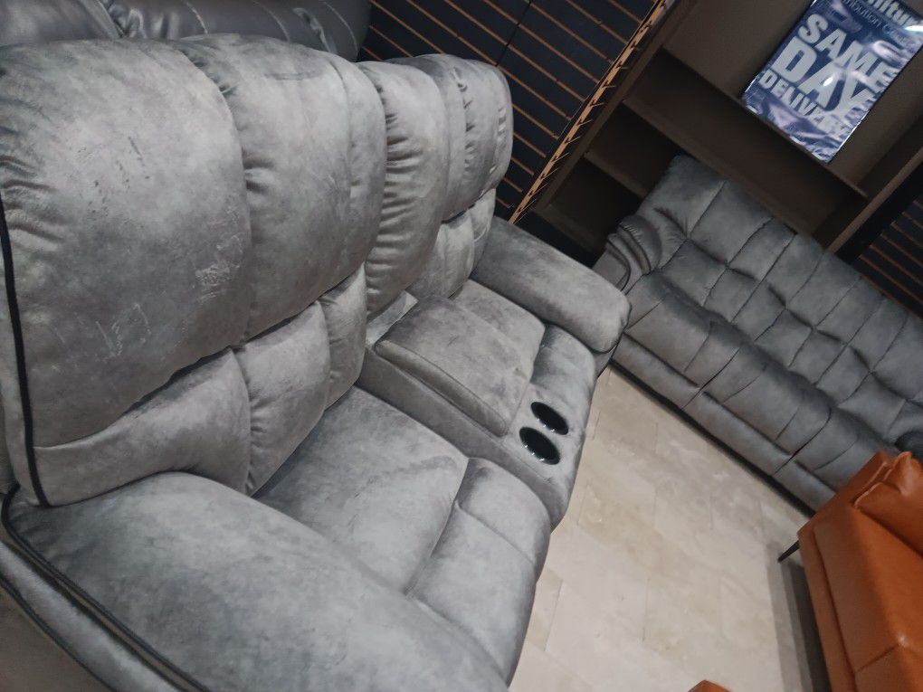 *Ad Special*---Barcelona Classic Gray Fabric Reclining 3 Piece Sets---Delivery And Easy Financing Available🙌