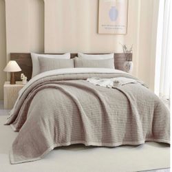 CozyTide Oversized King Bedspread 120"×120", Cotton Dark Khaki Waffle Weave Quilt 3 PCS Set