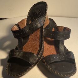 Ariat Womens Sandal Wedge Heels Shoes Black Slides With Brown Western Inside. 9