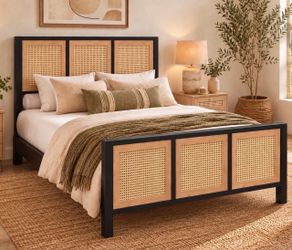 🔥 NEW Full Size Rattan Bed Frame, modern boho Style, japandi style full size bed N-20