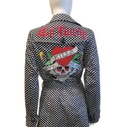 ED HARDY Black White Polka Dot Belt Skull Rhinestones Trench Coat Women's Size M