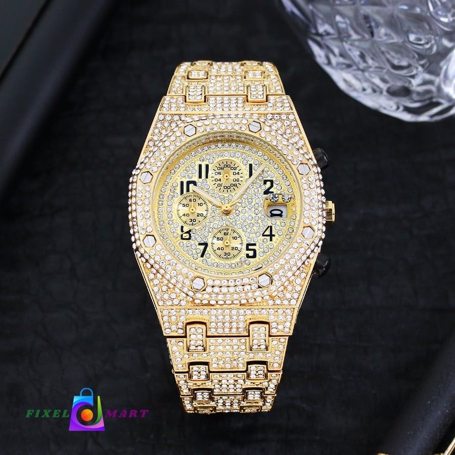 Full Diamond Three-eye Timing Sports Quartz Men's Watch

