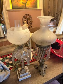 Two Antique Early 20th Century Crystal Prism Lamps Victorian Style and Marble