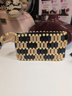 Women’s Black/Beige Beaded Woven Rectangle Wristlet Clutch Bag, Zip, Lined